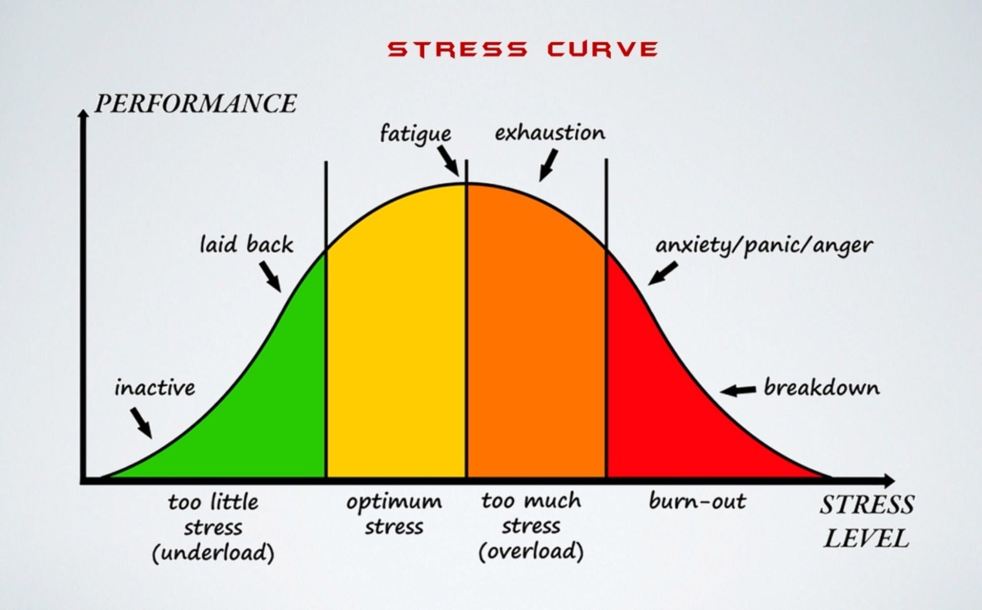 Title: Stress Curve
Image depicts a normal curve with Performance on the Y-axis and Stress Level on the X-axis. From left to right, the curve is broken into quarters labeled "too little stress (underload),"optimum stress," "too much stress (overload)" and "burn out." Activity levels corresponding to these sections are labeled "inactive" in the "too little stress" quarter, "laid back" moving from "too little" to "optimum stress, "fatigue" at the dividing line between "optimum" and "too much stress," "exhaustion" in the "too much stress" section, "anxiety/panic/anger" at the top of "burn out" and "breakdown" at the tail of "burn out."